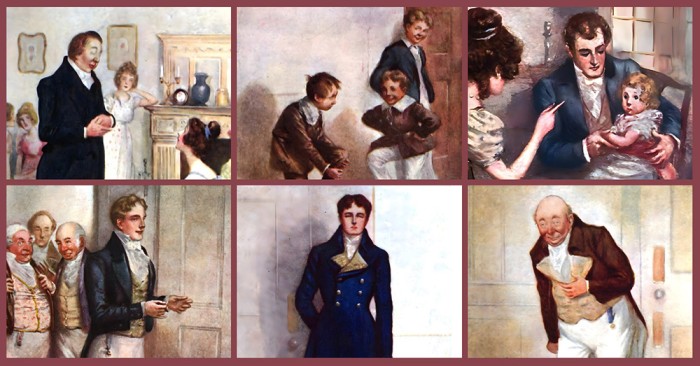 Collage of illustrations of male characters from Jane Austen's novels by A. Wallis Mills.