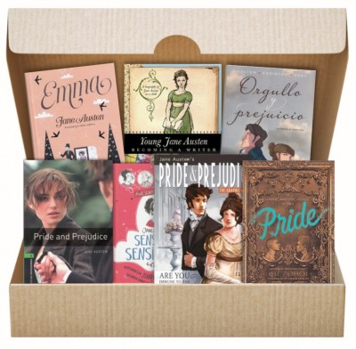Cardboard box showing the covers of Jane Austen-related books.