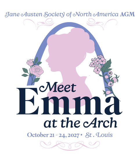 2027 AGM Logo: A pink silhouette of a Regency lady under the St. Louis Arch, with the text Meet Emma at the Arch
