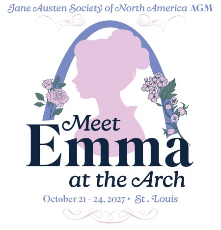 2027 AGM Logo: pink silhouette of a Regency Lady under the St. Louis Arch