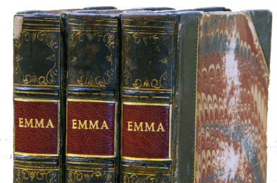 3-volume first edition of Emma. Leather spines and corners with marbled covers.