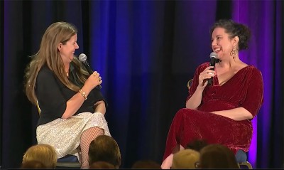Paula Byrne and Hilary Davidson seated on stage