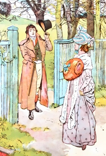 H.M. Brock illustration of Mr. Darcy handing Elizabeth his letter.