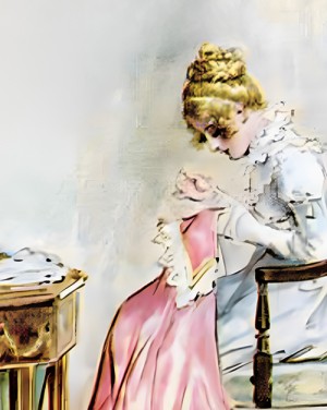 Illustration of Fanny Price sitting and doing needlework, by C.E. Brock