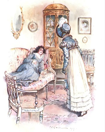 Color Illustration of Mary Musgrove lying on the sofa, greeting Anne.